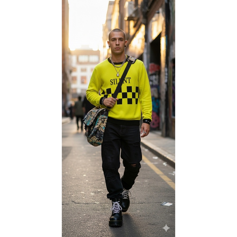 Tim Coppens Silent Motive Neon Yellow Checkered Knit Sweater‎ Mens Medium Italy